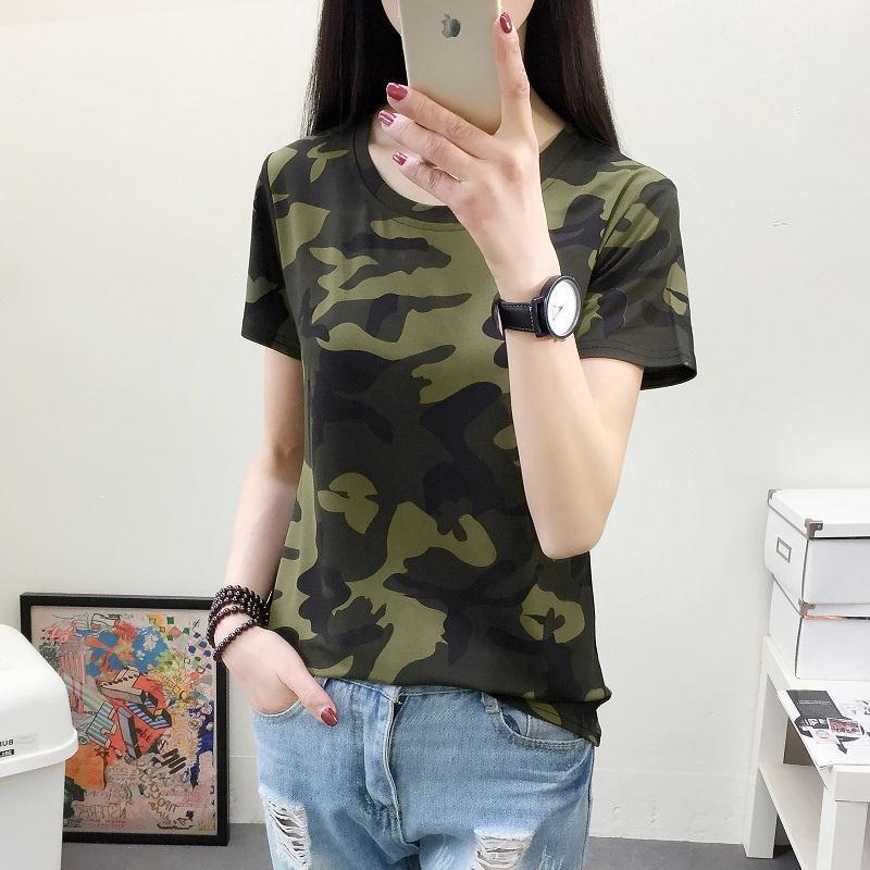 T-shirt Women's Bottoming Shirt Round Neck Camouflage Short-sleeved Slim Army Green Military Uniform